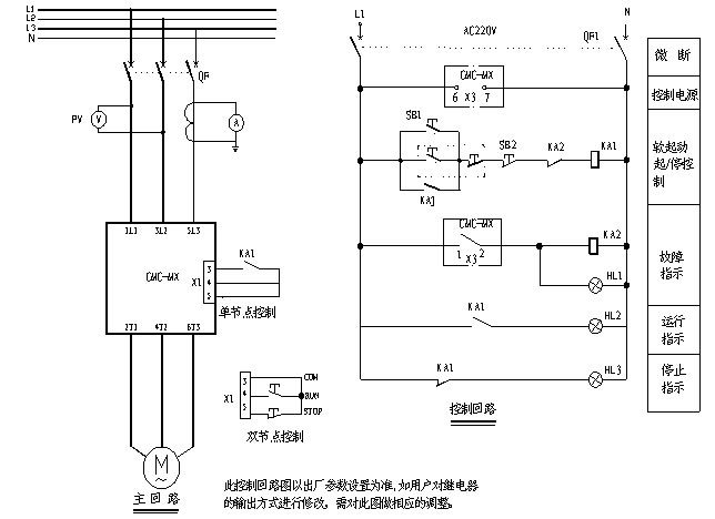 CMC-MX内置旁路软起动器基本接线原理图、三角形内接毗连图和典范应用接线图(图3)